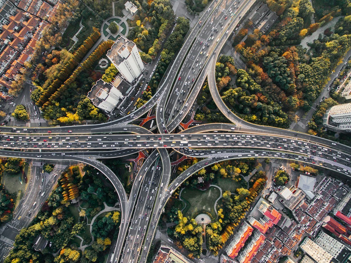 Aerial view of a regional highway and transportation network