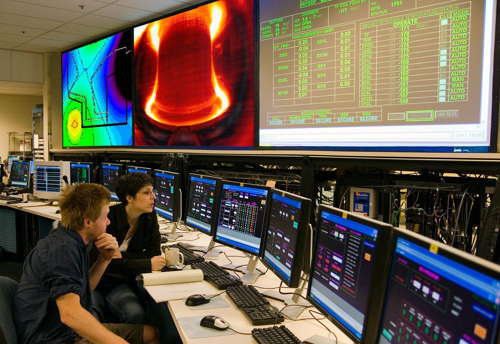 Operators monitor real-time regional load balancing and transmission frequencies from a utility operations control center.