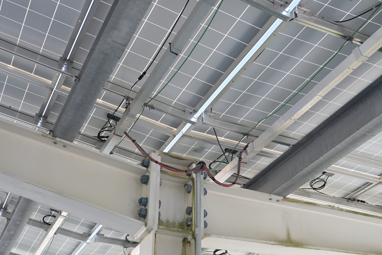 A commercial solar parking canopy generating onsite renewable power above public electric vehicle charging bays.
