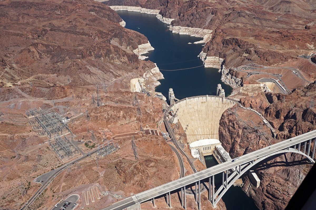 Hoover Dam and Lake Mead reservoir storing municipal water reserves on the Colorado River