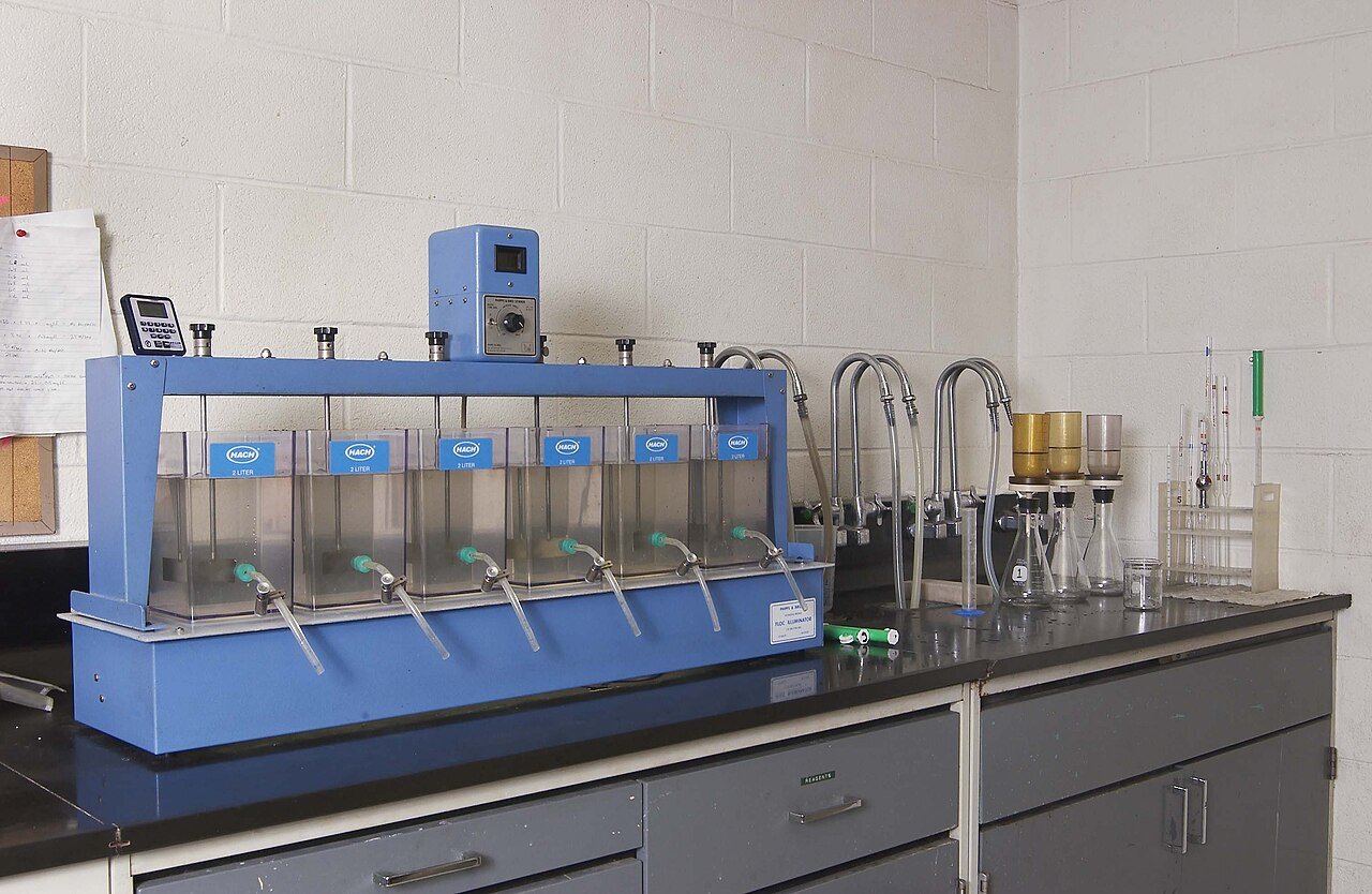 Water quality testing laboratory analyzing municipal potable drinking water samples