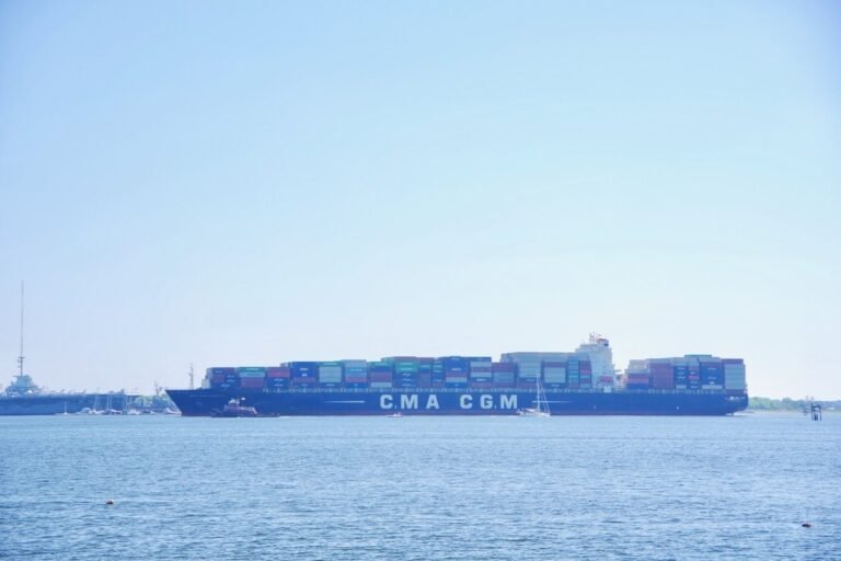Ultra-large container vessel docked at deepwater marine container terminal in Charleston Harbor