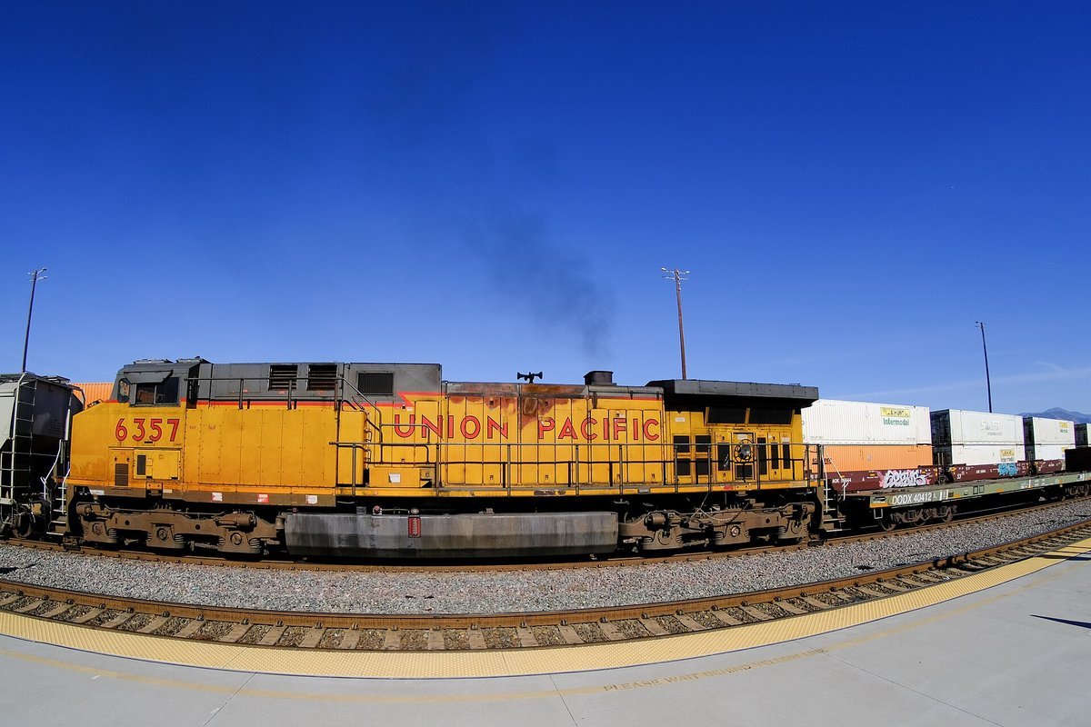 Union Pacific transcontinental freight train hauling intermodal cargo through the Great Basin